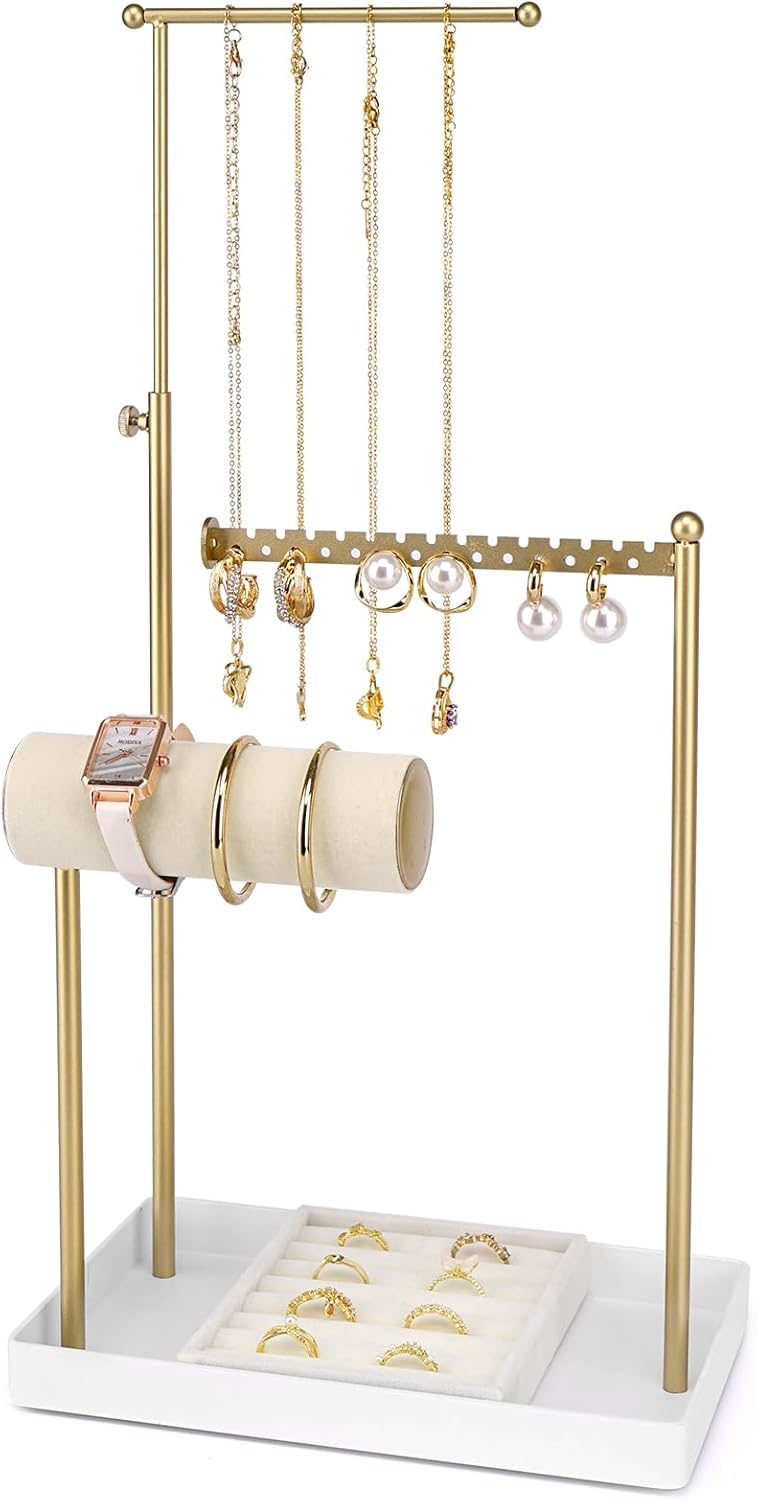Jenseits Jewelry Organizer Stand with Ring Holder - 3-Tier Gold Jewelry Holder Tower with Velvet Tray, Necklace Holder, Bracelet & Earring Display Stand for Women, Gift for Her - Image 1